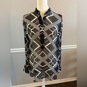Rag & Bone Silk Blend Sheer Hi Low Blouse Size M Black White Drapey Flowy Career